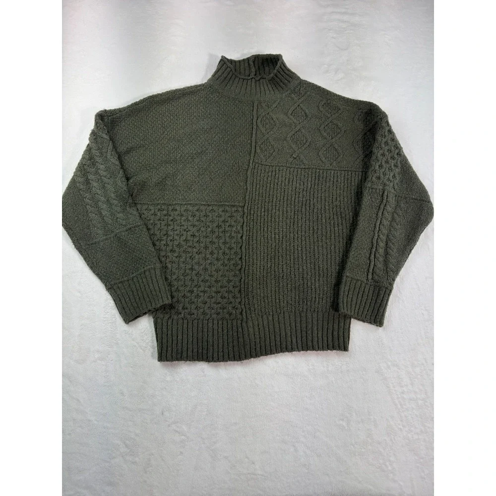 American Eagle Mixed Stitch Mock Neck Sweater Olive Green Patchwork Knit Medium